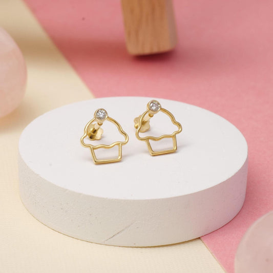 Kids Cupcake Diamond Stud Earrings, 14k Solid Gold, Natural Diamonds, Sweet Treat Jewelry, Gift for girls, Ready To Ship, HRD Certified