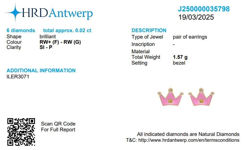 Kids Crown Diamond Stud Earrings, 14k Solid Gold, Natural Diamonds, Pink Enamel Princess Jewelry,  Ready To Ship, HRD Certified