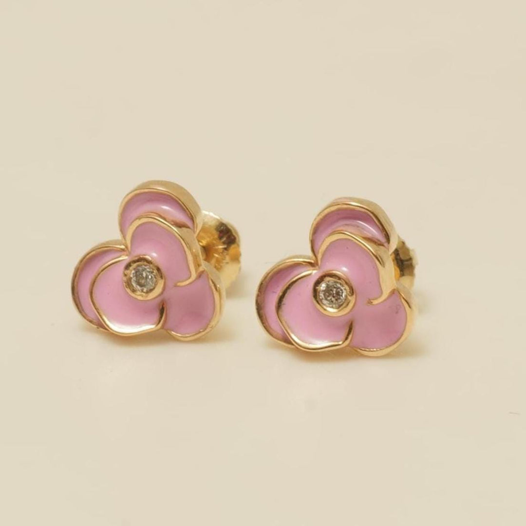 Kids Blooming Flower Diamond Earrings, 14k Solid Gold, Pink Enamel Studs, Natural Diamonds, Gift for toddlers/girls/kids, Ready To Ship