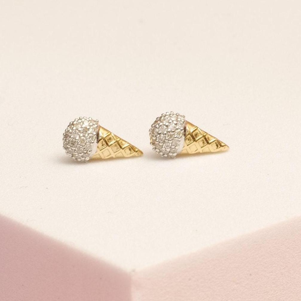 Kids Cone Ice Cream Diamond Stud Earrings, 14k Solid Gold, Natural Diamonds, Summer Jewelry, Gift for toddlers/girls/kids