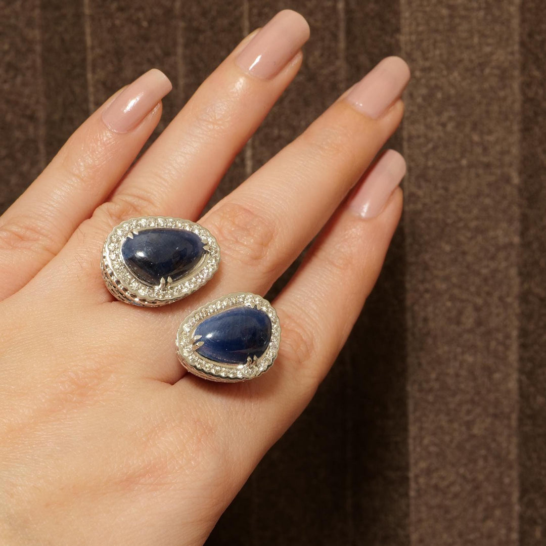 Blue Sapphire Diamond Open Cuff Ring, 14k Solid Gold, Natural Diamonds, Gemstone Ring, Wedding Statement Ring, Ready To Ship, IGI Certified