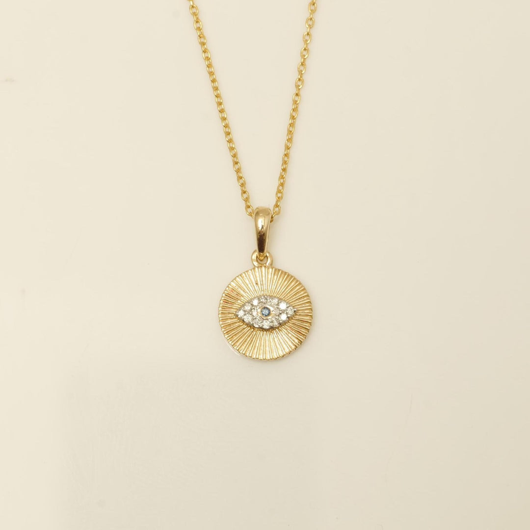 Evil Eye Medallion Diamond Pendant Necklace, 14k Solid Gold, Natural Diamonds, Sunburst Pendant, Everyday Stacking Jewelry, Gift for Her