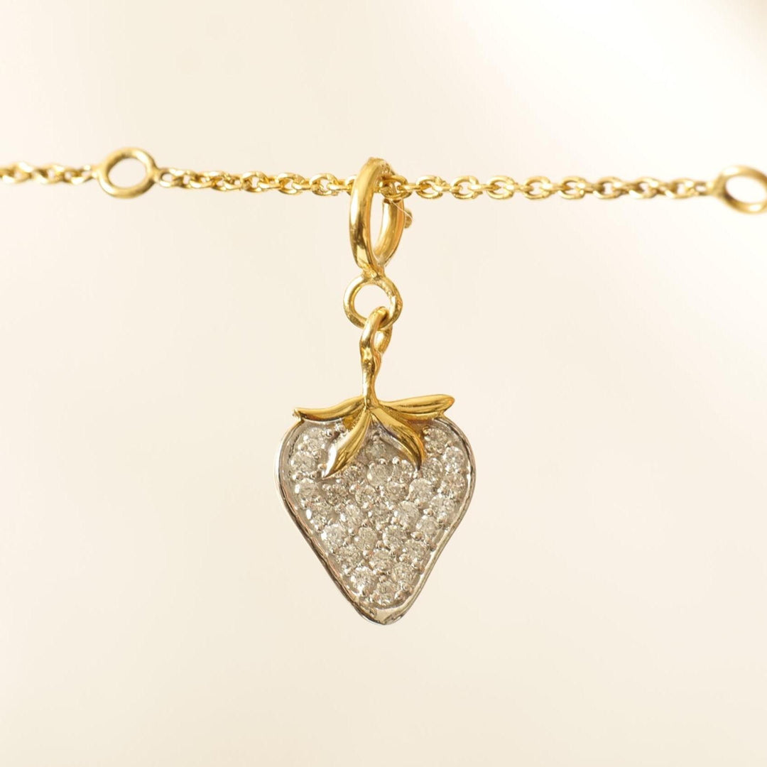 Strawberry Diamond Charm, 14k Solid Gold, Natural Diamonds, Pave Fruit Necklace, Dual Tone Pendant, Everyday Stacking Jewelry, Gift for Her