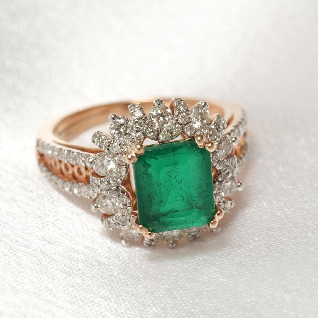Emerald Diamond Halo Ring, 14k Solid Gold, Natural Diamonds, Birthstone Filigree Gemstone Ring, Cocktail Statement Ring, Ready To Ship