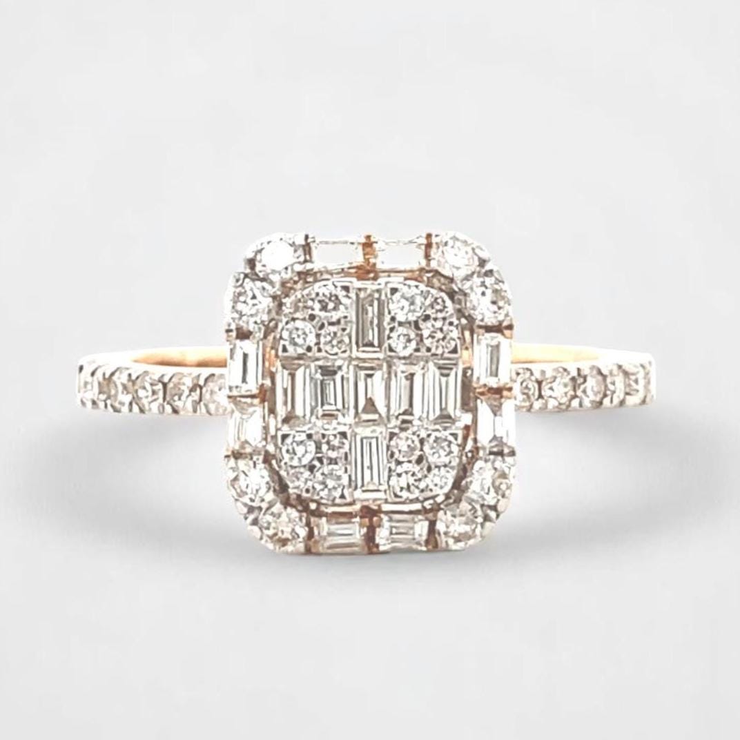Round & Baguette Diamond Ring in 14k Solid Gold, Illusion Diamond Gold Ring, Natural Diamonds, Ready To Ship, Women's Day Gift