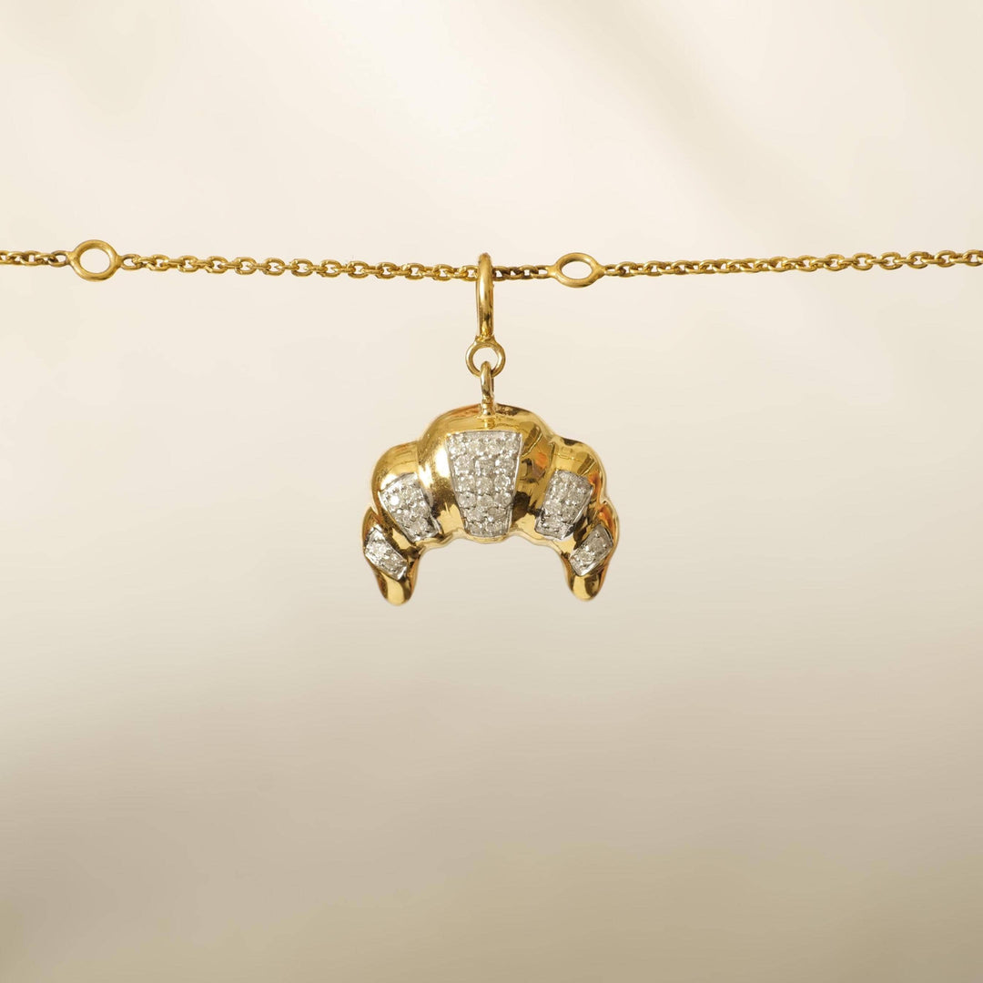Croissant Diamond Charm, 14k Solid Gold, Natural Diamonds, Everyday Layering Jewelry, Two Tone French Food Jewelry, Minimalistic Pendant