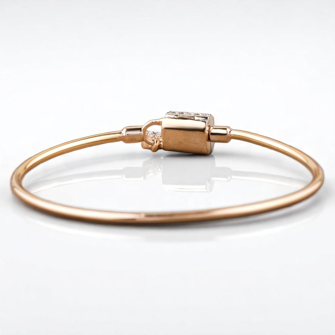 Lock & Key Diamond Bracelet, 14k Solid Gold, Natural Diamonds, Dual Tone Charm Bangle, Stacking Statement Jewelry, Minimalistic Bracelet