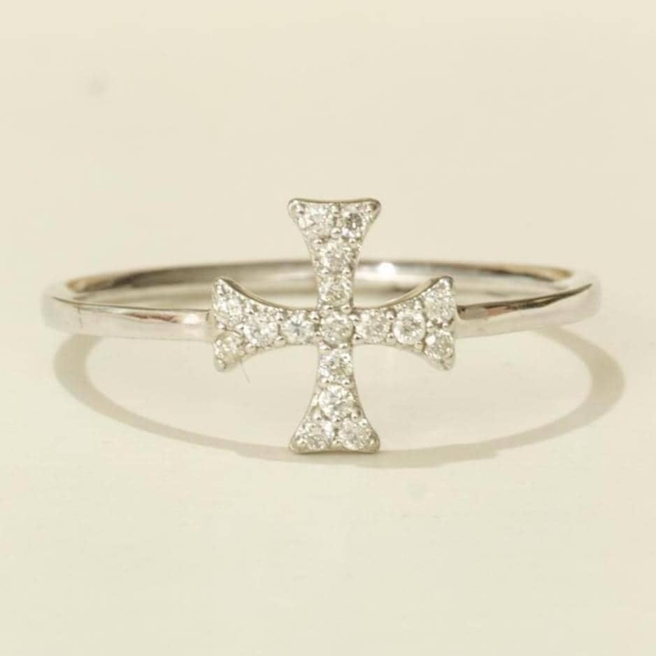 Cross Diamond Ring, 14k Solid Gold, Natural Diamonds, Stackable Handmade Jewelry, Minimalist Religious Ring, Ready To Ship, Women's Day Gift