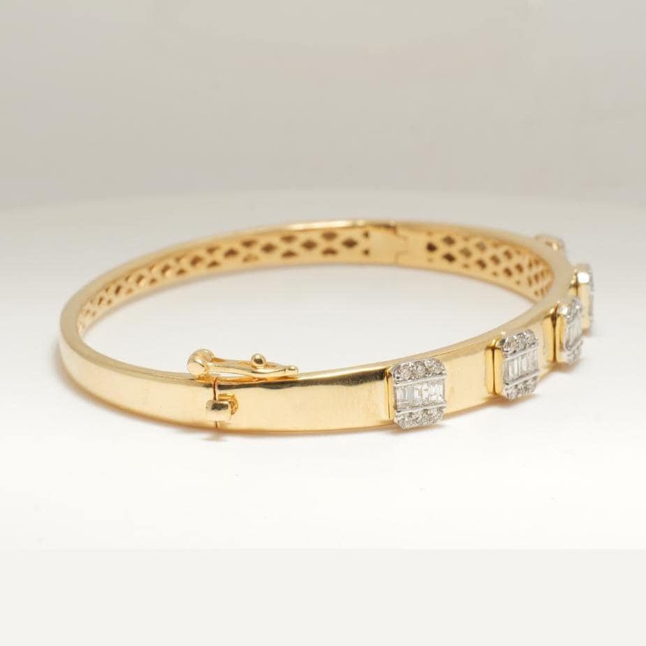 Bar Diamond Bangle Bracelet, 14k Solid Gold, Natural Diamonds, Baguette Illusion Set Cuff, Geometric Cluster Statement Bracelet