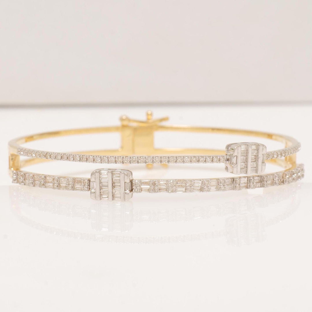 Baguette & Round Diamond Cuff Bracelet, 14k Solid Gold, Natural Diamonds, Cluster Illusion Bracelet, Statement Jewelry, Stackable Bangle