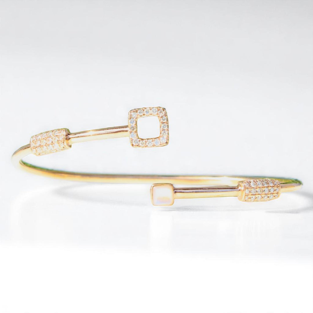Geometric Diamond Cuff Bracelet, 14k Solid Gold, Natural Diamonds, Mother Of Pearl Open Stackable Bracelet, Dual Styling Statement Jewelry