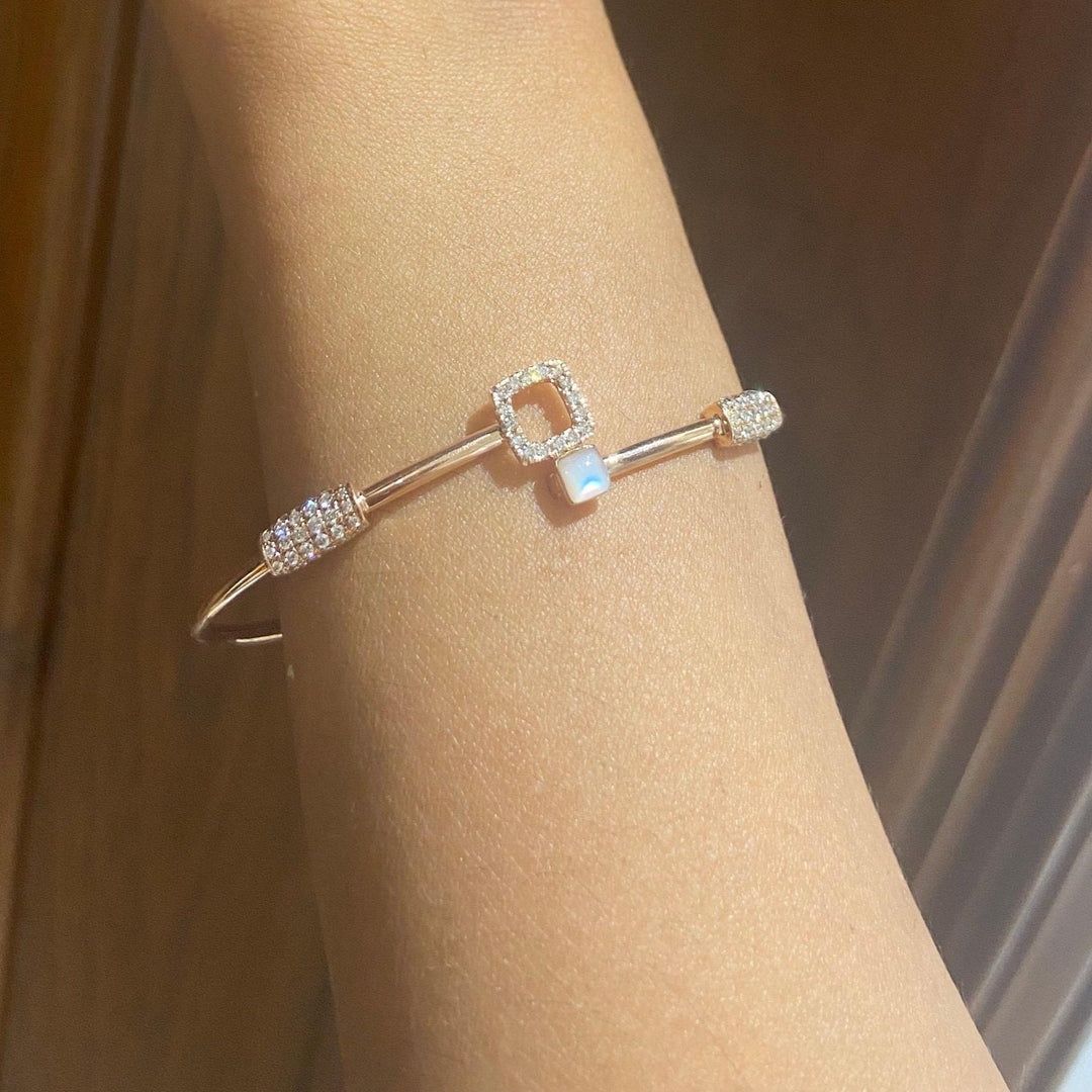 Geometric Diamond Cuff Bracelet, 14k Solid Gold, Natural Diamonds, Mother Of Pearl Open Stackable Bracelet, Dual Styling Statement Jewelry