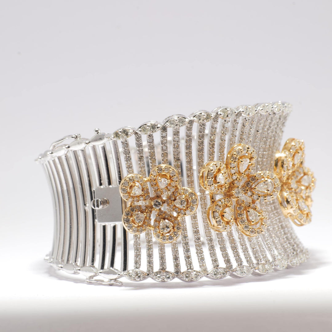 Floral Diamond Cuff Bracelet, 14k Solid Gold, Natural Diamonds, Halo Cocktail Bangle, Two Toned Wide Bangle, Statement Bridal Jewelry