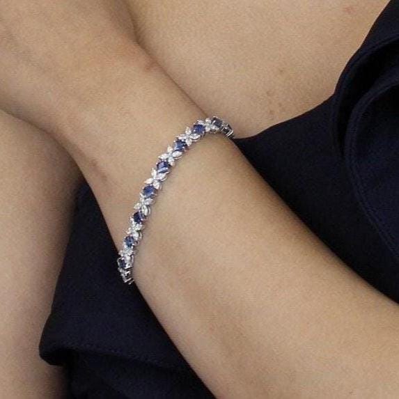 Floral Diamond Blue Sapphire Tennis Bracelet, 14k Solid Gold, Natural Diamonds, Floral Stackable Bracelet, Statement Gemstone Jewelry