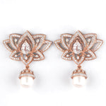 Load image into Gallery viewer, Lotus Pearl Drop Earrings, 14k Solid Gold, Natural Diamonds, White Topaz Gemstone Dangler, Statement Cocktail Earrings, Pear Bridal Jewelry