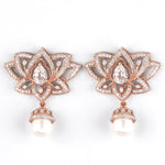 Load image into Gallery viewer, Lotus Pearl Drop Earrings, 14k Solid Gold, Natural Diamonds, White Topaz Gemstone Dangler, Statement Cocktail Earrings, Pear Bridal Jewelry