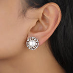 Load image into Gallery viewer, Pearl Diamond Halo Studs, 14K Solid Gold, Fancy Natural Diamonds, Bridal Wedding Earrings, Statement Cocktail Jewelry