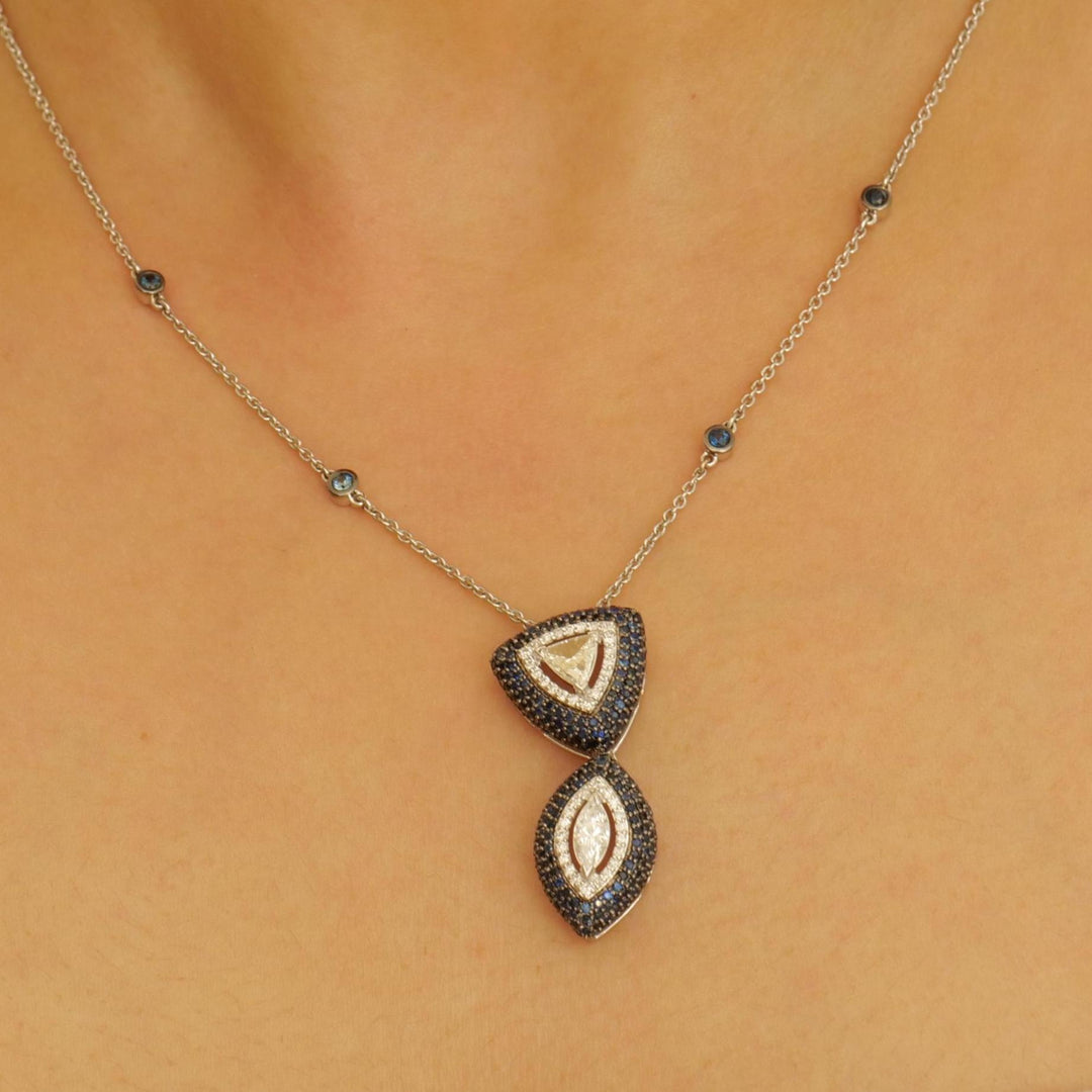 Fancy Diamonds Pendant Necklace with Blue Sapphires, 14k Solid Gold, Natural Diamonds, Ready To Ship, Women's Day Gift