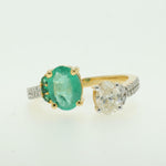 Load image into Gallery viewer, Oval Emerald Diamond Ring, 14k Solid Gold, Natural Diamond, Two Tone Statement Jewelry, Open Cuff Band, Cocktail Gemstone Ring