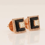 Load image into Gallery viewer, Princess Diamond Stud Earrings with Black Enameling in 14k Solid Gold, Princess & Round Natural Diamonds, Ready To Ship, Women's Day Gift