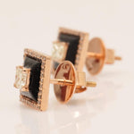 Load image into Gallery viewer, Princess Diamond Stud Earrings with Black Enameling in 14k Solid Gold, Princess & Round Natural Diamonds, Ready To Ship, Women's Day Gift