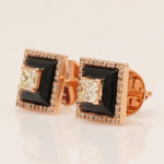 Load image into Gallery viewer, Princess Diamond Stud Earrings with Black Enameling in 14k Solid Gold, Princess & Round Natural Diamonds, Ready To Ship, Women's Day Gift