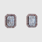 Load image into Gallery viewer, Diamond Halo Earrings, Illusion Setting, 14k Solid Gold, Baguette & Round Natural Diamonds, Everyday Studs, Ready To Ship, Women's Day Gift