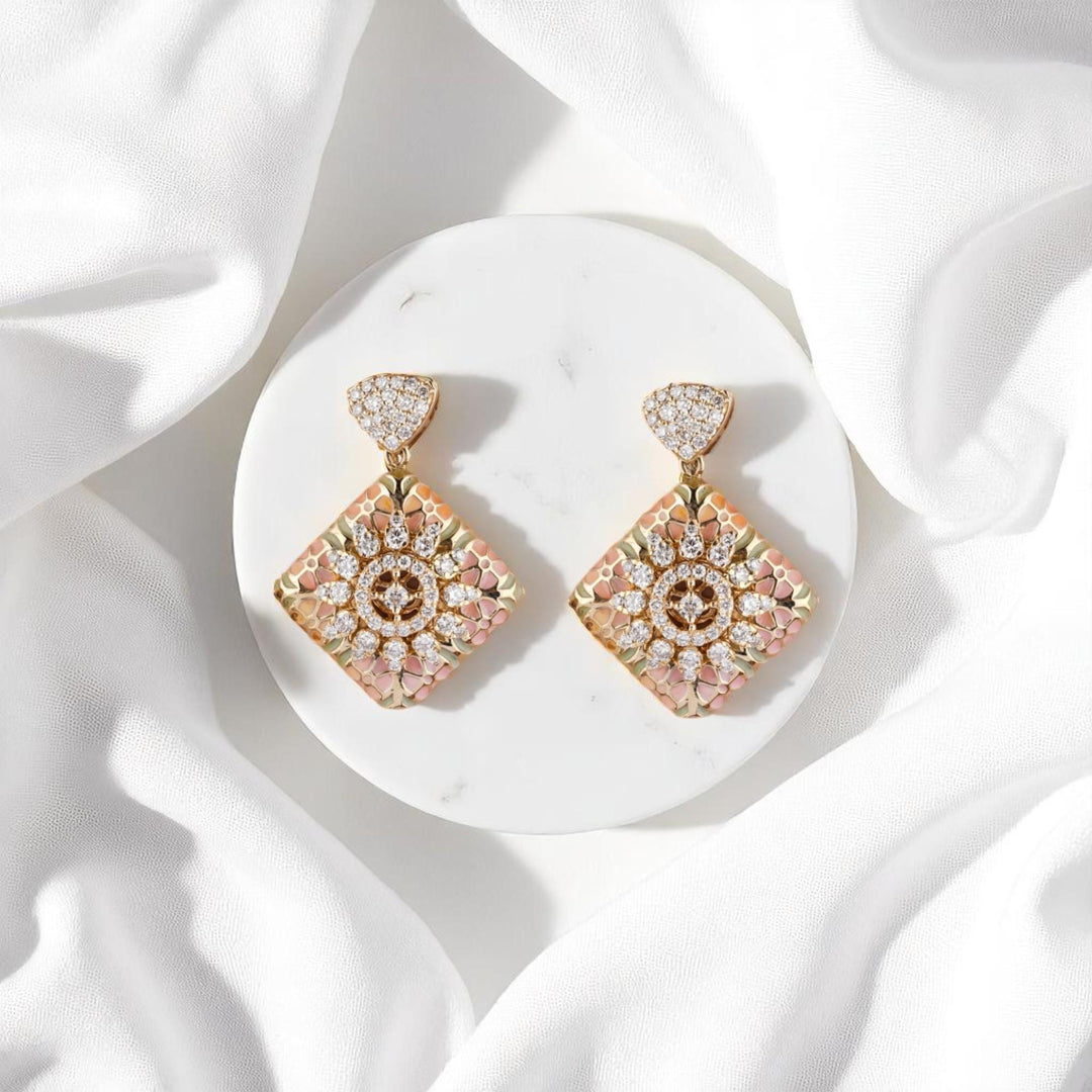Floral Diamond Dangle Earrings, 14k Solid Gold, Natural Diamonds, Honeycomb Square Enamel Drops, Cocktail Statement Jewelry