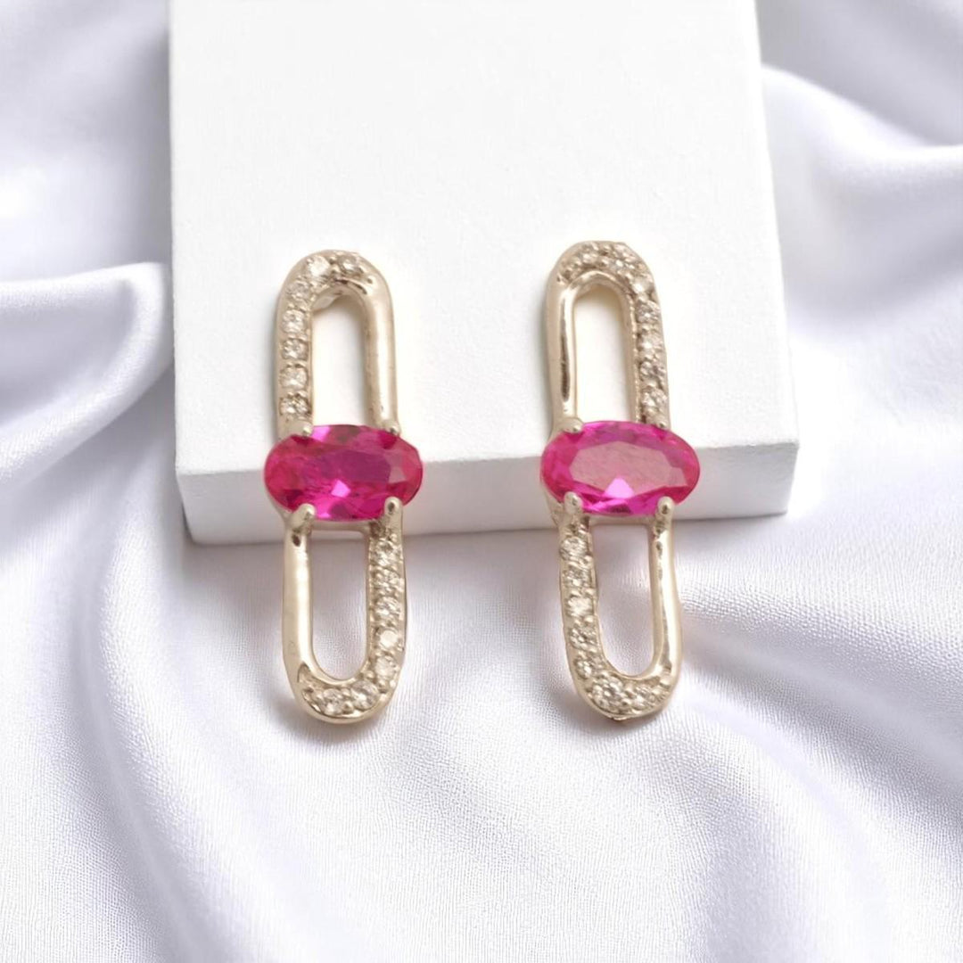 Paperclip Ruby Stud Earrings, 14k Solid Gold, Natural Diamonds, Lightweight Everyday Earrings, Link Gemstone Earrings
