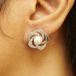 Load image into Gallery viewer, Floral Pearl Diamond Earrings, 14k Solid Gold, Natural Diamonds, Pave Flower Studs, Everyday Cocktail Jewelry, Cluster Pave Setting