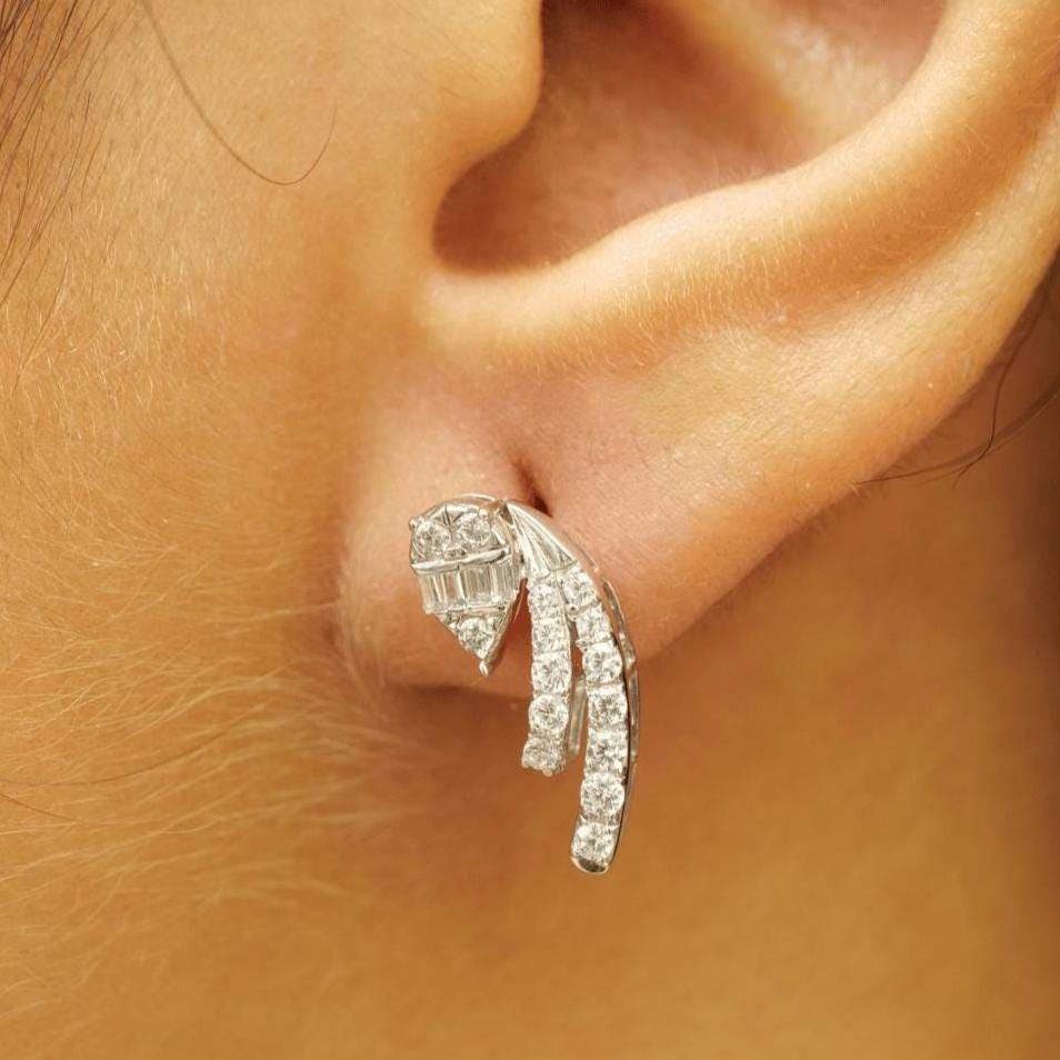 Diamond Climber Stud Earrings, 14k Solid Gold, Natural Diamonds, Everyday Crawler Earrings, Baguette Cluster Illusion Studs, Minimal Jewelry