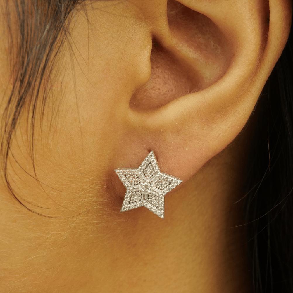 Star Diamond Stud Earrings, 14k Solid Gold, Natural Diamonds, Baguette Illusion Cluster Studs, Geometric Celestial Jewelry, Hip Hop Earrings