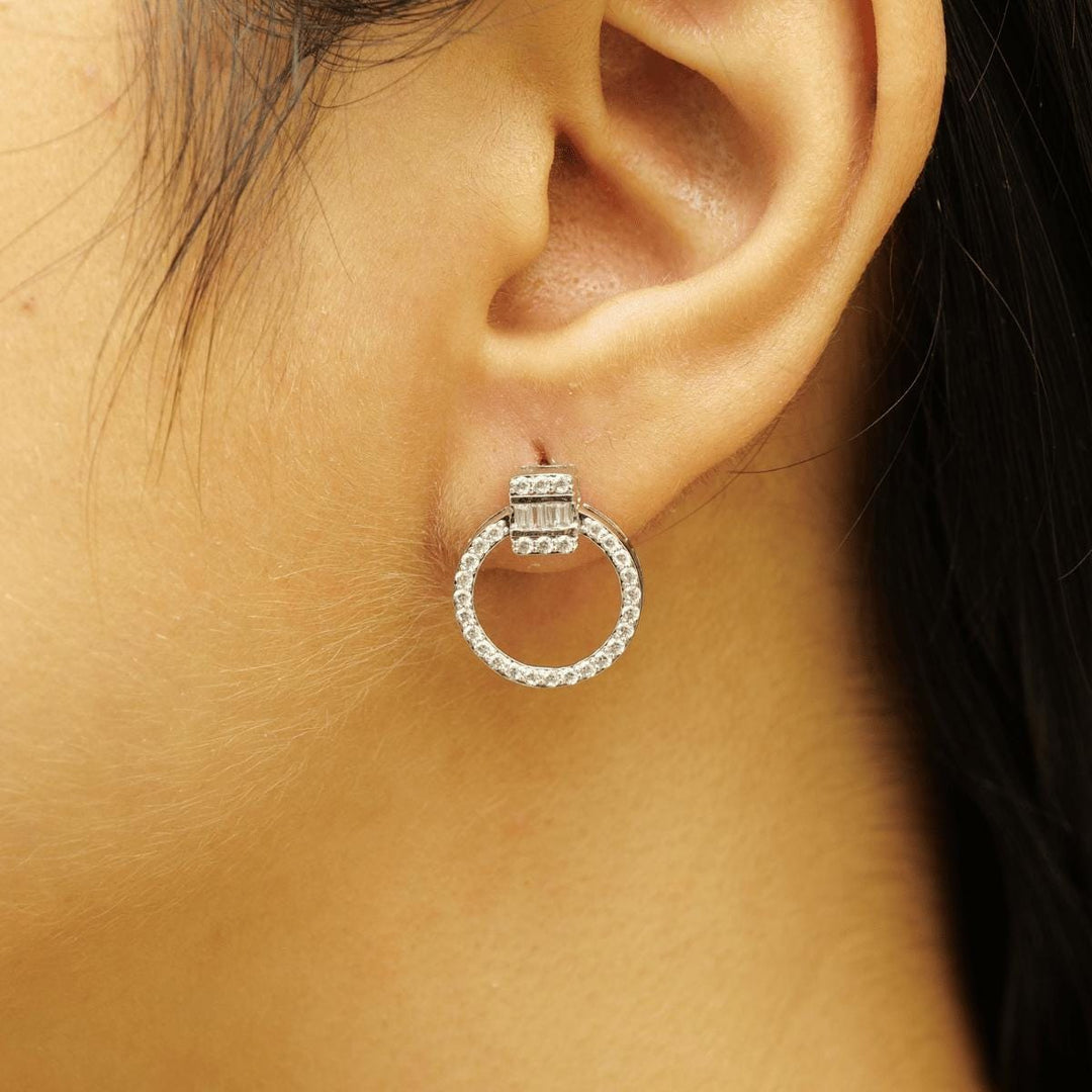 Circle Baguette Diamond Earrings, 14k Solid Gold, Natural Diamonds, Geometric Hoop Studs, Minimalist Cocktail Jewelry, Everyday Earrings