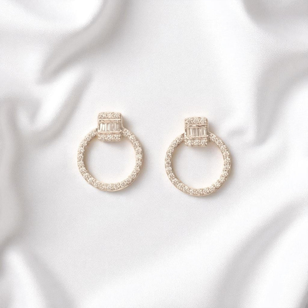 Circle Baguette Diamond Earrings, 14k Solid Gold, Natural Diamonds, Geometric Hoop Studs, Minimalist Cocktail Jewelry, Everyday Earrings