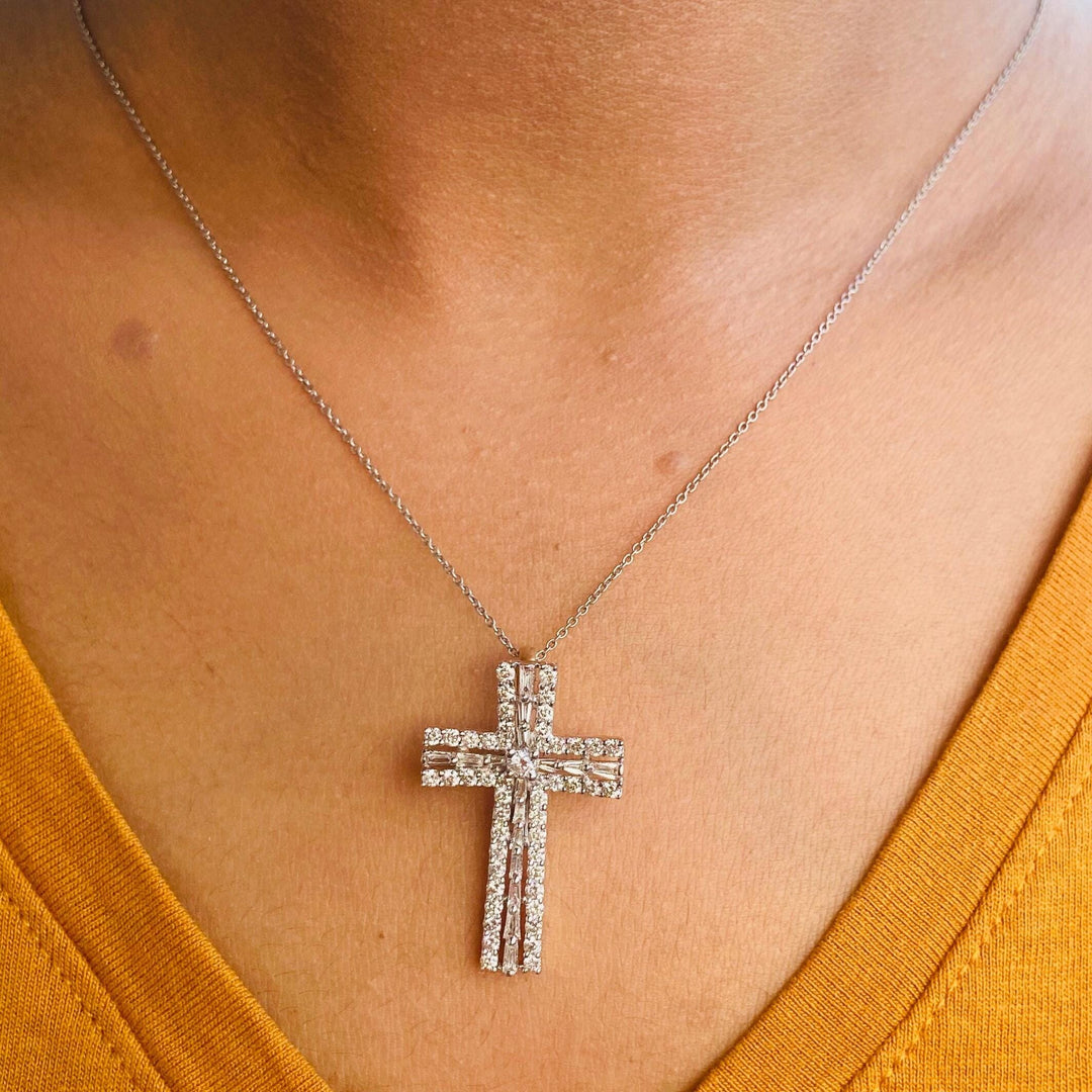 Diamond Cross Pendant, 14k Solid Gold, Natural Diamonds, Baguette Necklace With Adjustable Chain, Communion Religious Jewelry, Faith Pendant