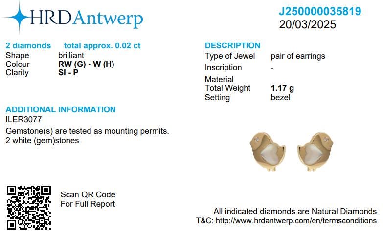 Kids Bird Diamond Earrings, Mother of Pearl Studs, 14k Solid Gold, Natural Diamonds, Gift For Toddlers/Girls, Ready To Ship, HRD Certified