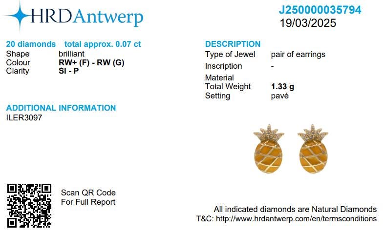 Kids Pineapple Diamond Earrings, 14k Solid Gold, Natural Diamonds, Enamel Fruit Stud, Gift for toddler/girls, Ready To Ship, HRD Certified