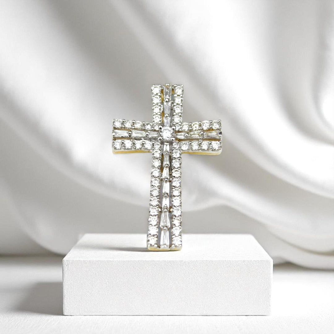 Diamond Cross Pendant, 14k Solid Gold, Natural Diamonds, Baguette Necklace With Adjustable Chain, Communion Religious Jewelry, Faith Pendant