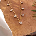 Load image into Gallery viewer, Dangling Diamond Station Necklace, 14k Solid Gold, Natural Diamond, Illusion Set Necklace, Baguette Round Jewelry, Minimalist Layering Chain