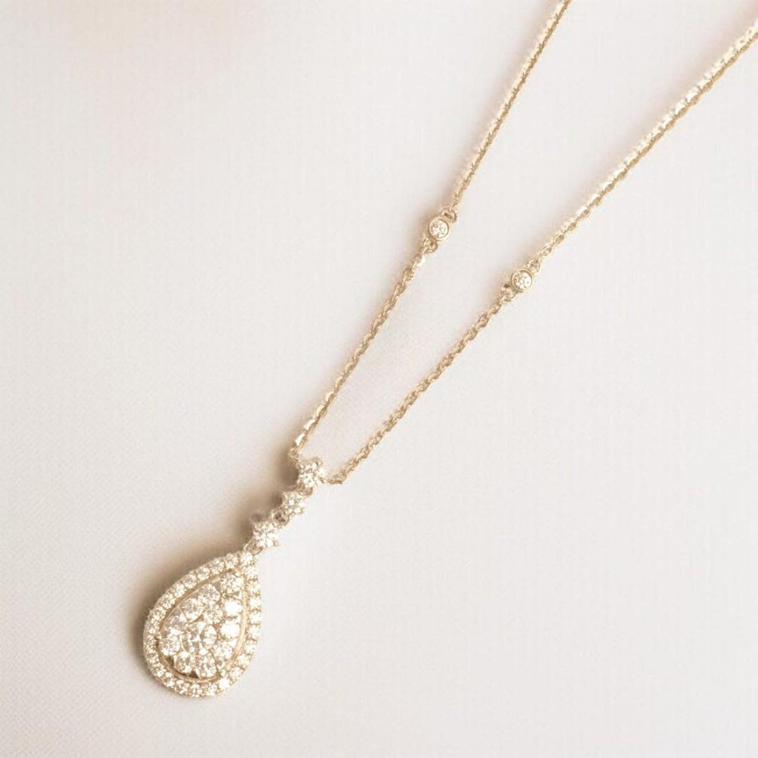 Halo Teardrop Diamond Necklace, 14k Solid Gold, Natural Diamonds, Cluster Set Bridal Chain Pendant, Minimalist Stacking Jewelry