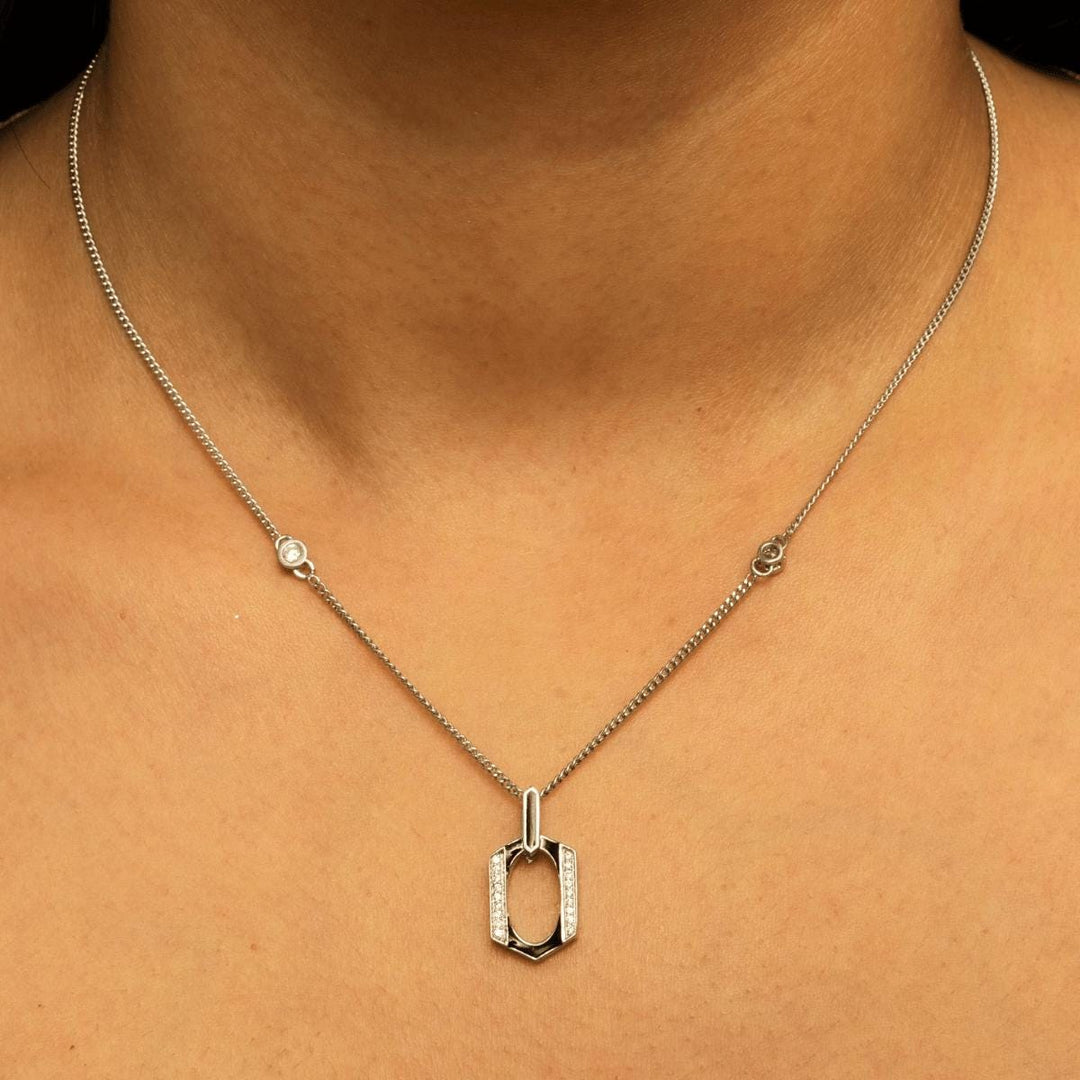 Hexagonal Enamel Diamond Pendant Necklace, 14k Solid Gold, Natural Diamonds, Geometric Stacking Station Chain Pendant, Minimalist Jewelry