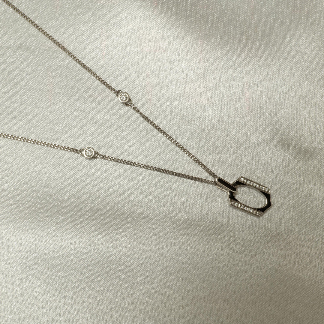 Hexagonal Enamel Diamond Pendant Necklace, 14k Solid Gold, Natural Diamonds, Geometric Stacking Station Chain Pendant, Minimalist Jewelry