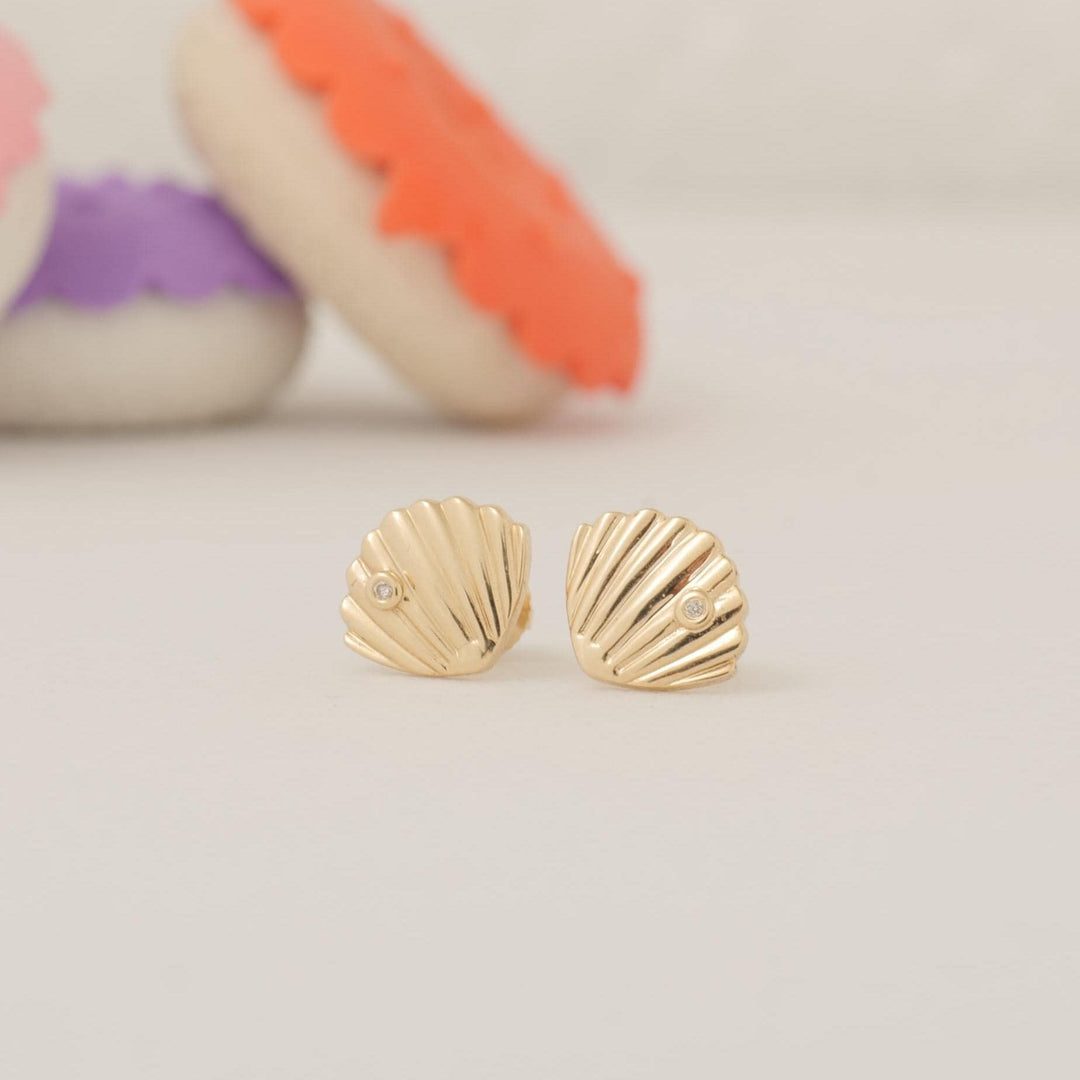 Seashell Diamond Kids Earrings, 14k Solid Gold, Natural Diamond, Minimalistic Everyday Studs, Ocean Jewelry, Gift for toddlers, girl and kid