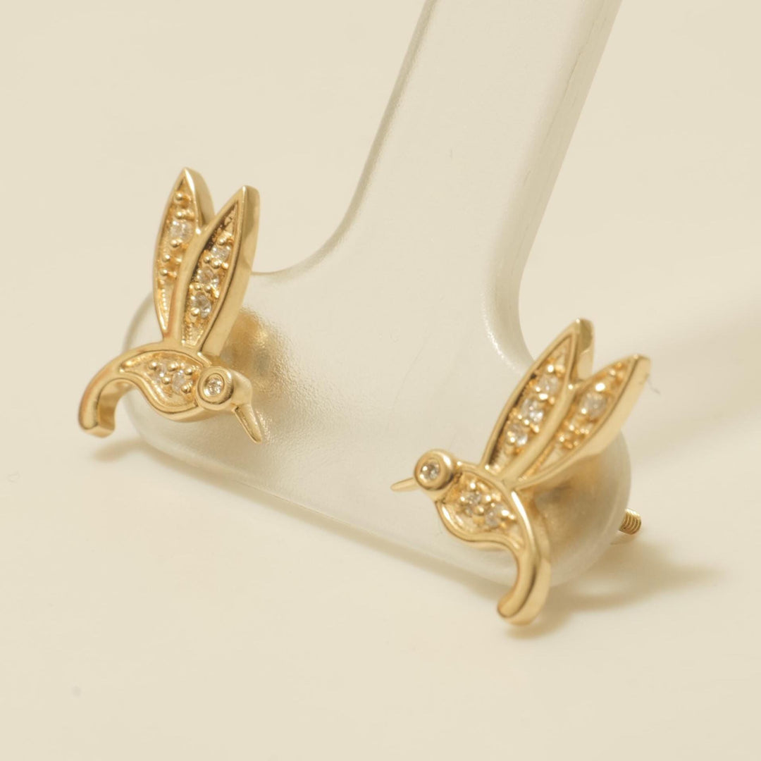 Hummingbird Diamond Kids Stud Earrings, 14k Solid Gold, Natural Diamonds, Everyday jewelry, Gift for toddlers/girls, Ready To Ship