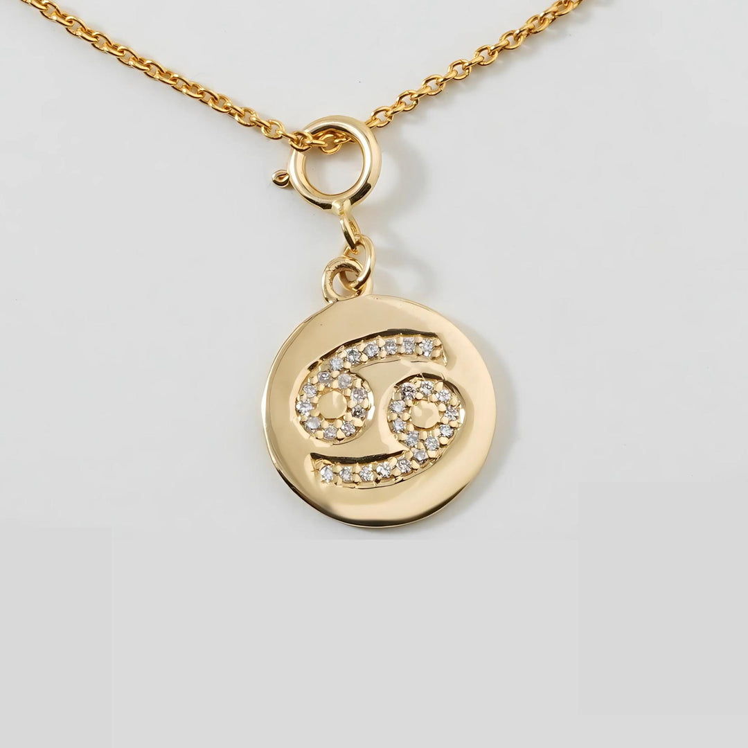 Cancer Horoscope Birth Sign Charm, 14k Solid Gold, Natural Diamonds, Zodiac Constellation Everyday Jewelry, Astrology Gift