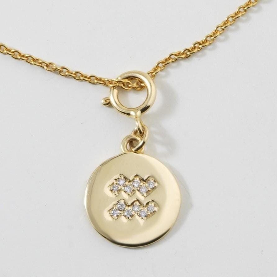 Aquarius Horoscope Birth Sign Charm, 14k Solid Gold, Natural Diamonds, Zodiac Constellation Everyday Jewelry, Astrology Gift