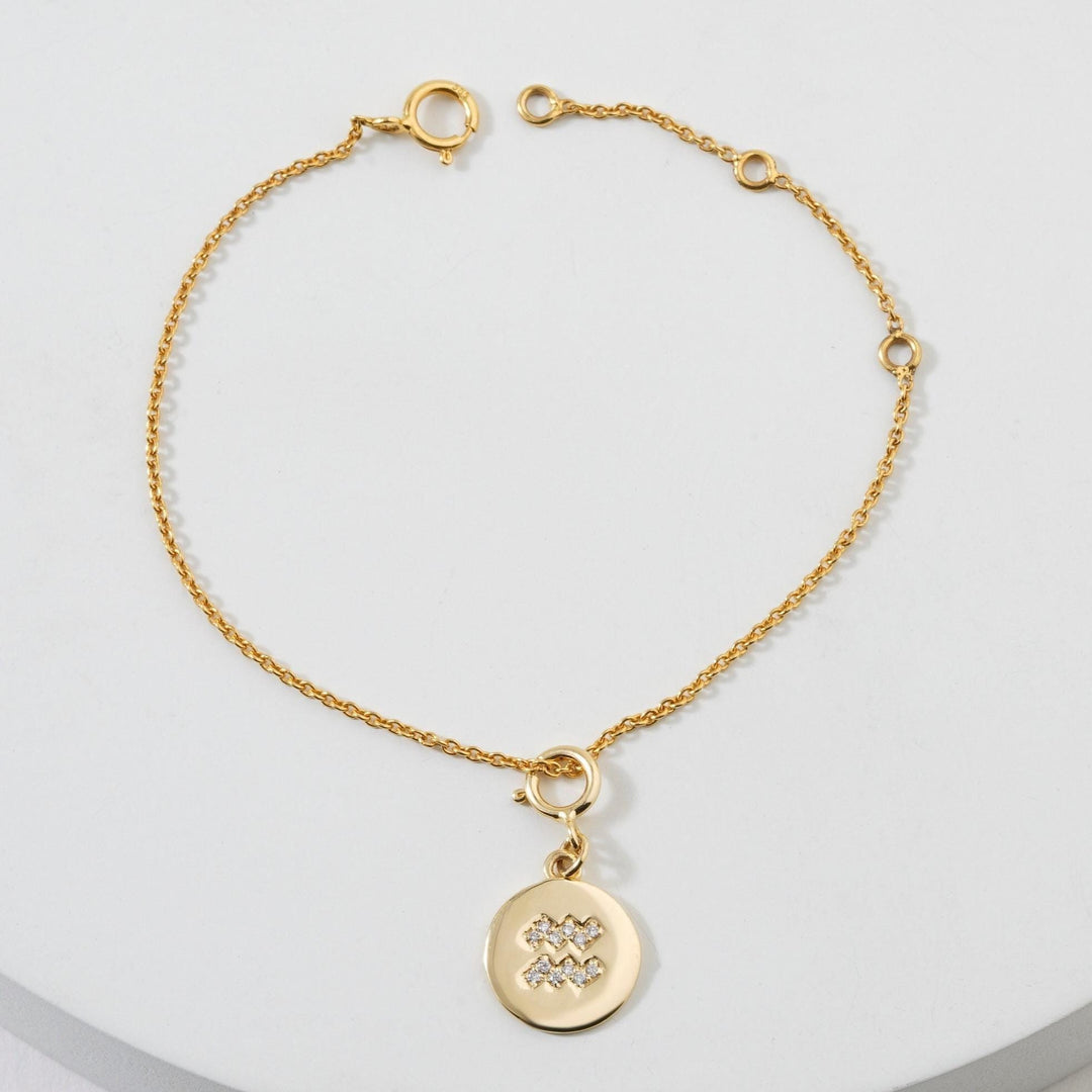 Aquarius Horoscope Birth Sign Charm, 14k Solid Gold, Natural Diamonds, Zodiac Constellation Everyday Jewelry, Astrology Gift