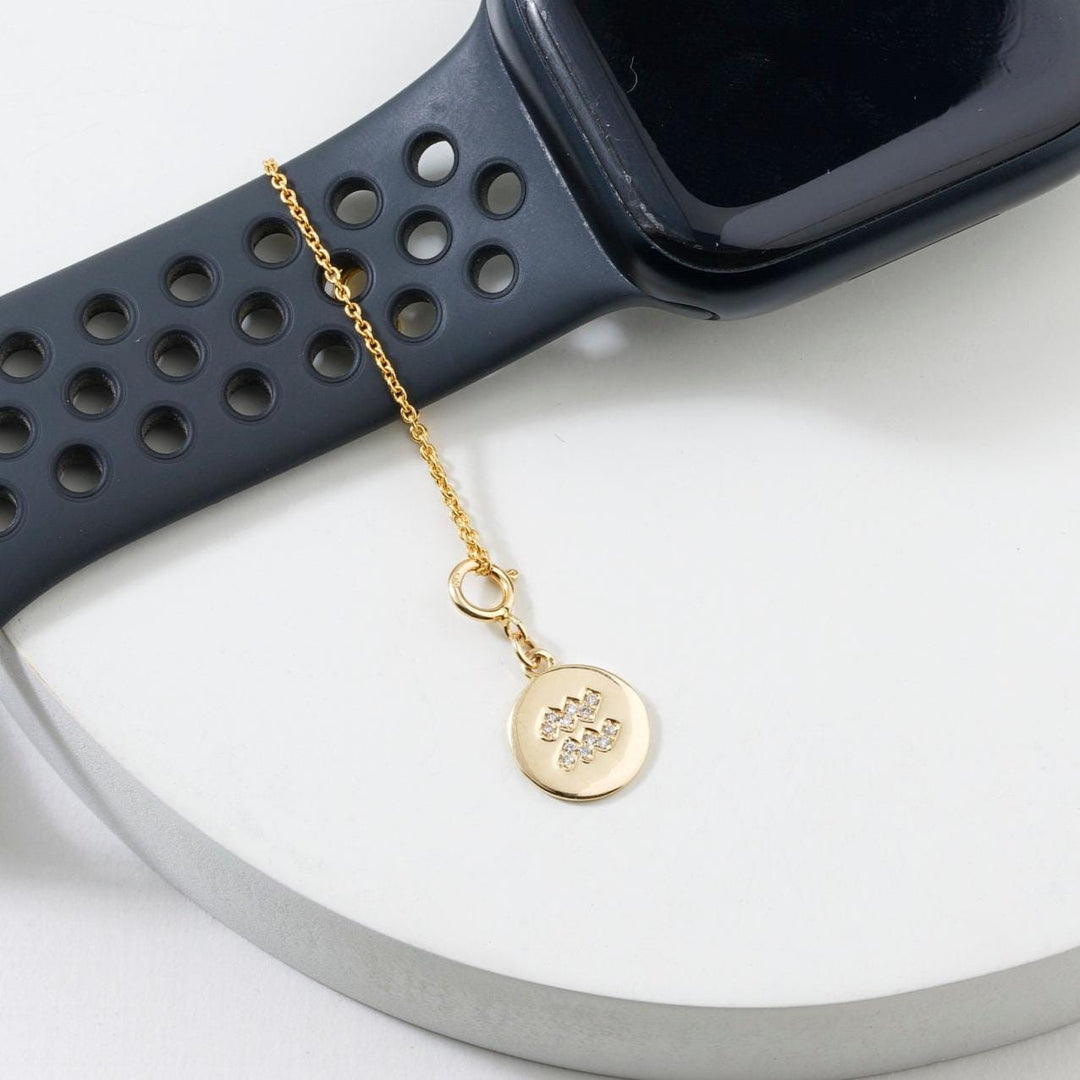 Aquarius Horoscope Birth Sign Charm, 14k Solid Gold, Natural Diamonds, Zodiac Constellation Everyday Jewelry, Astrology Gift