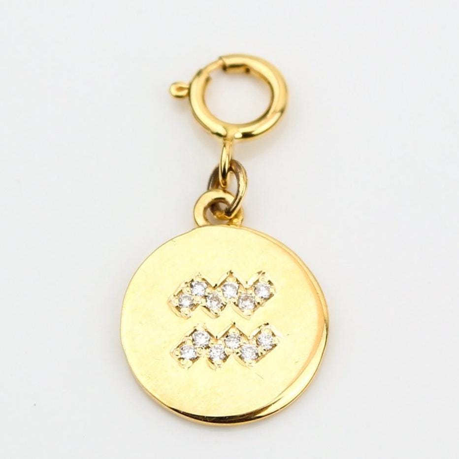 Aquarius Horoscope Birth Sign Charm, 14k Solid Gold, Natural Diamonds, Zodiac Constellation Everyday Jewelry, Astrology Gift