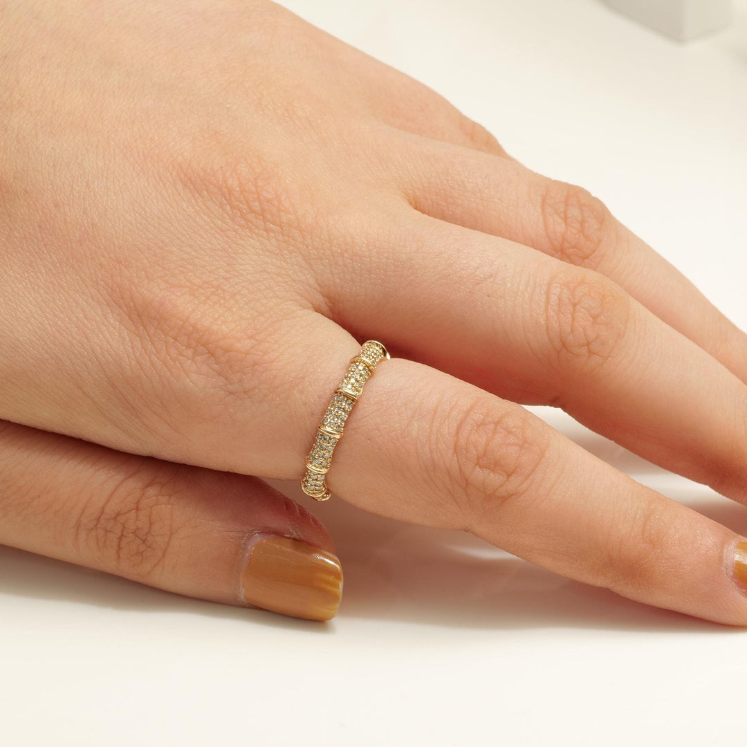 Bamboo Diamond Eternity Ring, 14k Solid Gold, Natural Diamonds, Minimalist Stacking Band, Everyday Jewelry, Ready To Ship